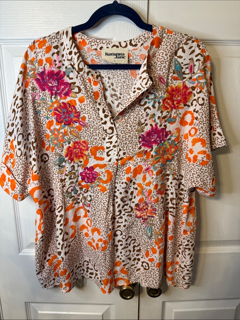 Savanna Jane Cream Blouse with Orange Leopard and Pink Floral Embroidery